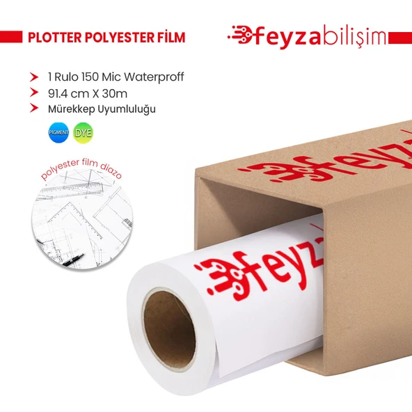 Feyza Bilişim  Plotter Polyesteri İnkjet Waterprof (Diazo)Kağıdı 150 Micron Rulo 91.4cm x 30mt(1 Rulo) - 1