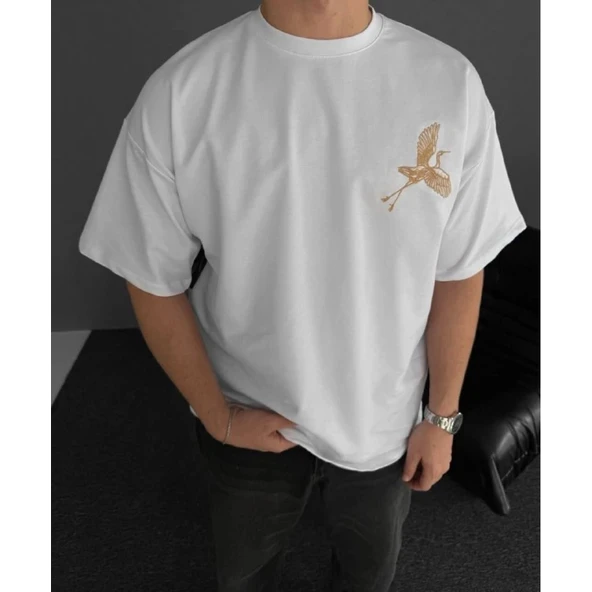 Ön Ve Arka Baskılı Oversize Bisiklet Yaka T-shirt - Beyaz