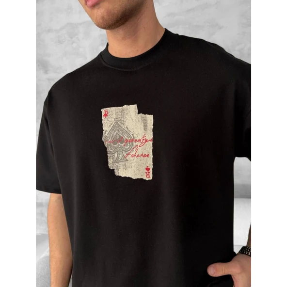 Ön Ve Arka Baskılı Oversize Bisiklet Yaka T-shirt - Siyah - 2