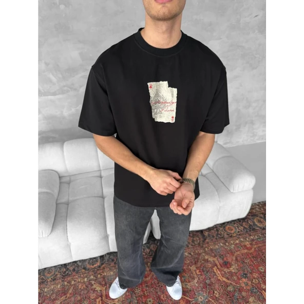 Ön Ve Arka Baskılı Oversize Bisiklet Yaka T-shirt - Siyah - 4