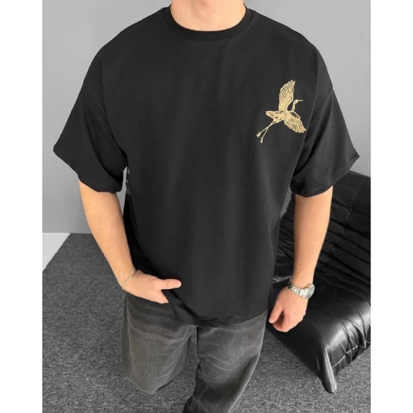 Ön Ve Arka Baskılı Oversize Bisiklet Yaka T-shirt - Siyah