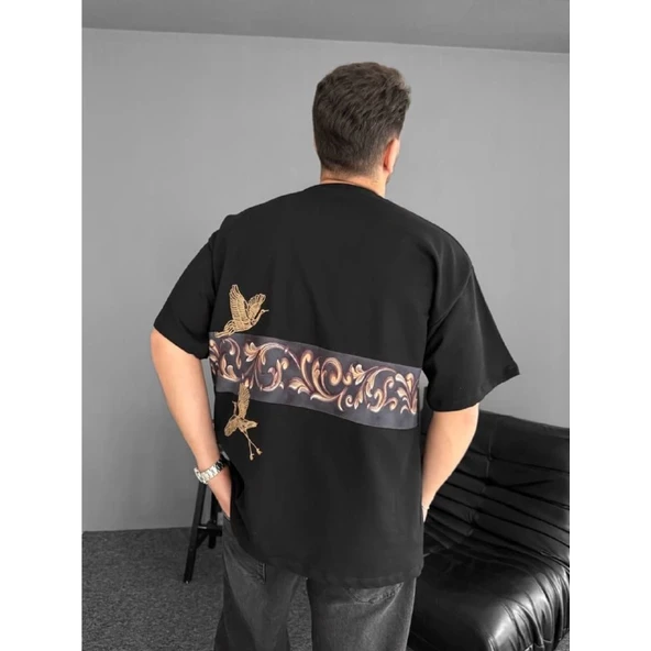 Ön Ve Arka Baskılı Oversize Bisiklet Yaka T-shirt - Siyah - 2