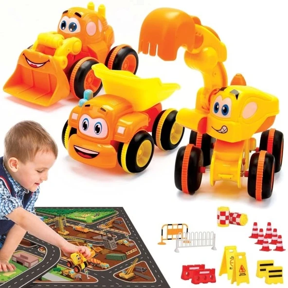 4 Oyuncak Kamyon Playmat ve 16 Aksesuarlı İnşaat Seti Orange & Yellow With Accessories
