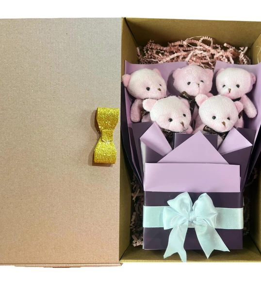 Sole Sevgiliye Özel Pembe - Mor Konsept Romantik Peluş Ayıcık Buketi - 6