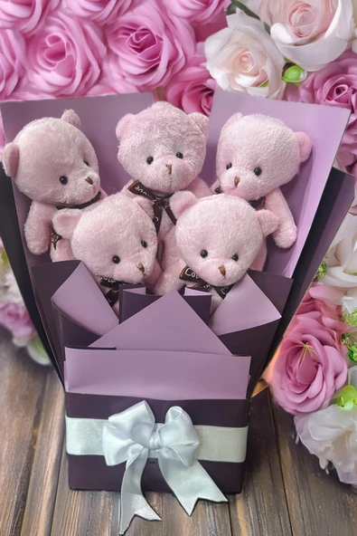 Sole Sevgiliye Özel Pembe - Mor Konsept Romantik Peluş Ayıcık Buketi - 5