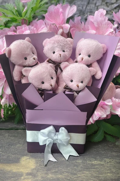 Sole Sevgiliye Özel Pembe - Mor Konsept Romantik Peluş Ayıcık Buketi - 4