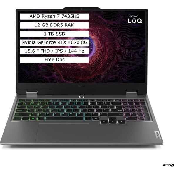 Loq 15ARP9 R7-7435HS 12G 1tb SSD RTX4070 8g 15.6 Fhd IPS Freedos Taşınabilir Bilgisayar 83JC00CUTR