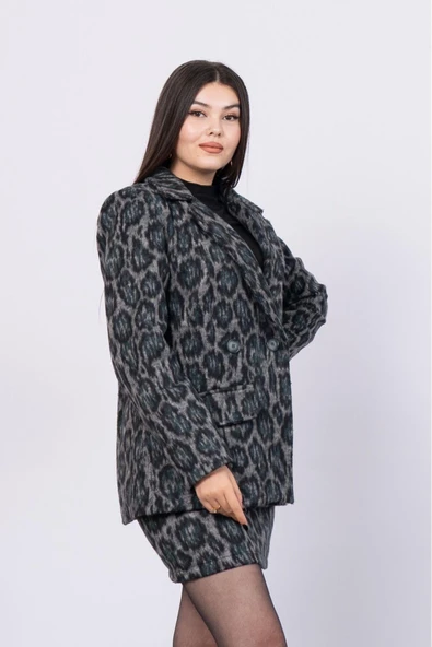 Leopar Desenli Blazer Astarlı Kruvaze Detaylı Ceket - 2