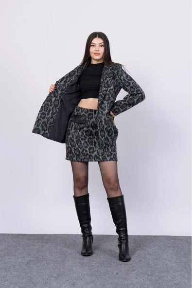Leopar Desenli Blazer Astarlı Kruvaze Detaylı Ceket - 11