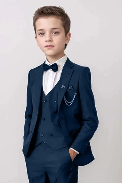 Erkek Çocuk Blazer Ceketli, Cepken Yelekli Lacivert Takım Elbise 5-9 Yaş - 4
