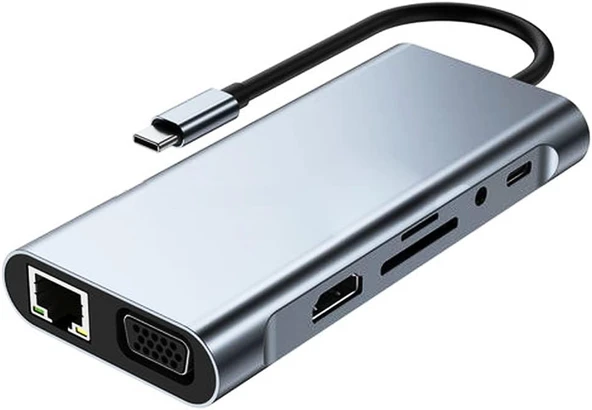 Alfalink Type-C to Usb 11in1 Çevirici Çoğaltıcı Hub Adaptör(Lan+Type-C+SD Card+USBx4+Audio+HDMI+VGA) - 4