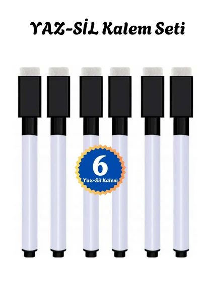 YAZ SİL Kalemi Seti - Yazı Tahtası Kalemi (6 Adet Siyah) ürün görseli 1