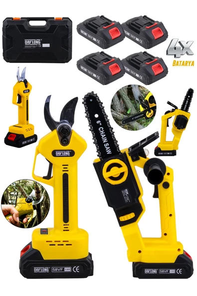 DAFLONG YENİ NESİL KÖMÜRSÜZ MOTOR OTOMATİK YAĞLI 4 BATARYALI 2'Lİ MAKAS+DAL BUDAMA SETİ - 2