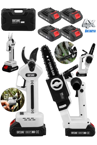 DAFLONG YENİ NESİL KÖMÜRSÜZ MOTOR OTOMATİK YAĞLI 4 BATARYALI 2'Lİ MAKAS+DAL BUDAMA SETİ-W - 2