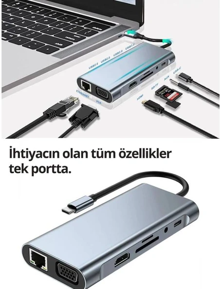 Alfalink Type-C to Usb 11in1 Çevirici Çoğaltıcı Hub Adaptör(Lan+Type-C+SD Card+USBx4+Audio+HDMI+VGA) - 6