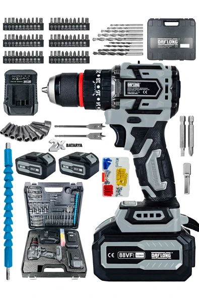 DAFLONG ÖZEL SERİ 84 PARÇA KÖMÜRSÜZ GÜCLENDİRİLMİŞ MOTOR DARBELİ ŞARJLI MATKAP-GRI