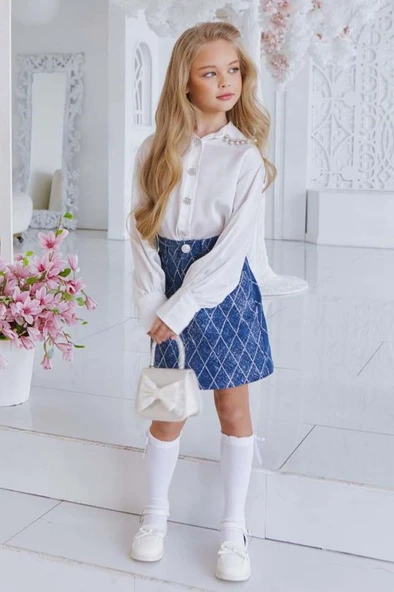 Kız Çocuk Yakası Güpür Taş İşlemeli Şifon Beyaz Gömlek Kare Çizgili Jean Etekli Takım