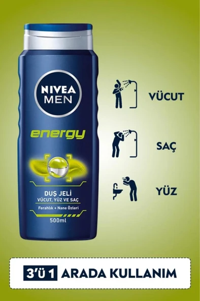 NIVEA MEN Erkek Duş Jeli Energy 500ml, Komple Bakım, Vücut Saç Yüz, Nane Özleri, Ferah Cilt Hissi - Resim 3