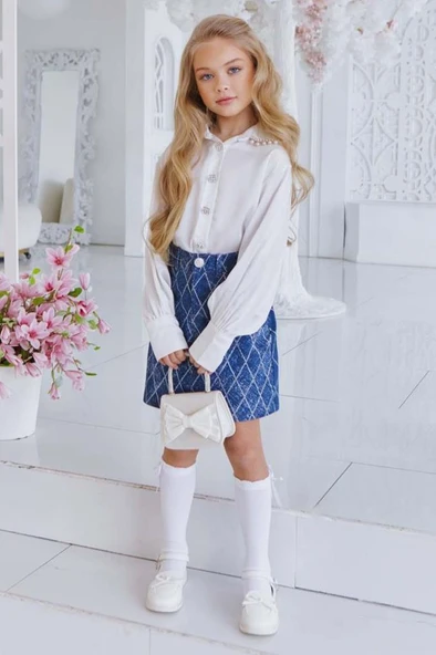 Kız Çocuk Yakası Güpür Taş İşlemeli Şifon Beyaz Gömlek Kare Çizgili Jean Etekli Takım - 3