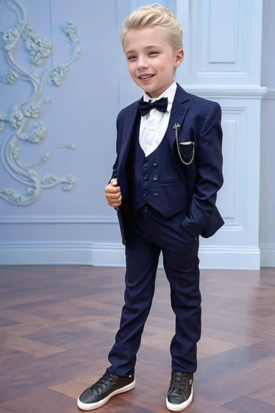 Erkek Çocuk Blazer Ceketli, Cepken Yelekli Lacivert Takım Elbise 10-16 Yaş - 3