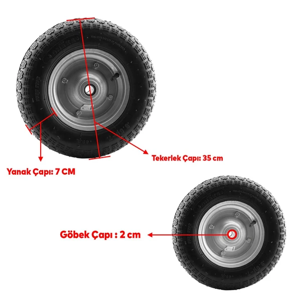 El Arabası Yük Taşıma Tekeri Bilyeli Rulmanlı Havalı Dubleks 350x70 mm Çelik Jant Tekerlek - Resim 2