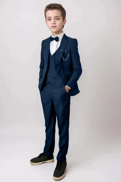 Erkek Çocuk Blazer Ceketli, Cepken Yelekli Lacivert Takım Elbise 10-16 Yaş - 5