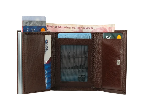 Bagacar Kahve Bozuk Para Bölmeli Çıtçıtlı Hakiki Deri Mekanizmalı Kartlık Cüzdan - 3