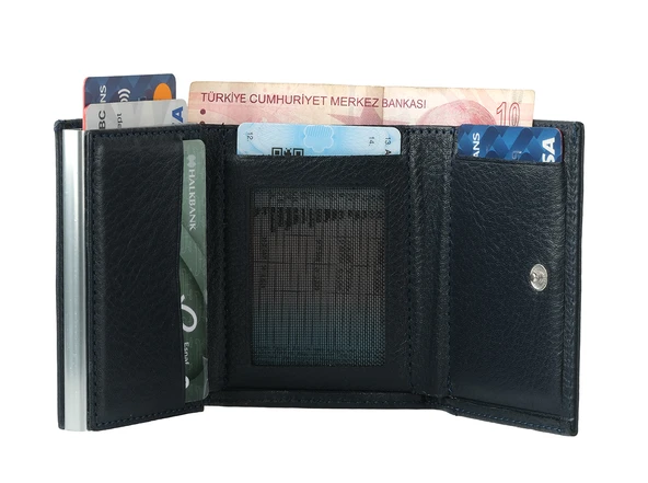 Bagacar Lacivert Bozuk Para Bölmeli Çıtçıtlı Hakiki Deri Mekanizmalı Kartlık Cüzdan - 4