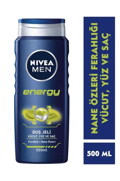 NIVEA MEN Erkek Duş Jeli Energy 500ml, Komple Bakım, Vücut Saç Yüz, Nane Özleri, Ferah Cilt Hissi ürün görseli