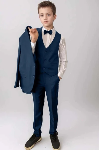 Erkek Çocuk Blazer Ceketli, Cepken Yelekli Lacivert Takım Elbise 10-16 Yaş - 2