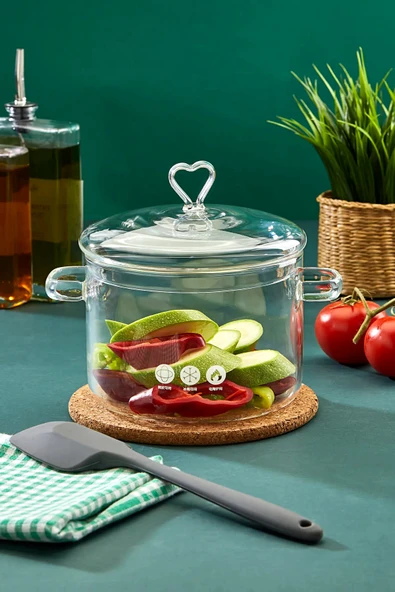 Tilbe Home Figürlü Still Cam Tencere Borosilikat Isıya Dayanıklı Ocaküstü Kulplu Şeffaf Tencere 1900 ml - 2