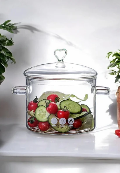 Tilbe Home Figürlü Still Cam Tencere Borosilikat Isıya Dayanıklı Ocaküstü Kulplu Şeffaf Tencere 1900 ml