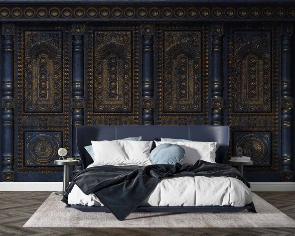 3 Boyutlu Altın Motif Lacivert Panel Duvar Kağıdı Baskı - Resim 2