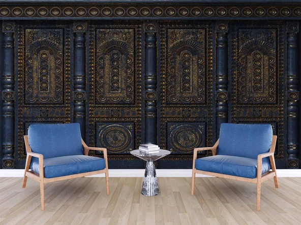 3 Boyutlu Altın Motif Lacivert Panel Duvar Kağıdı Baskı - Resim 6