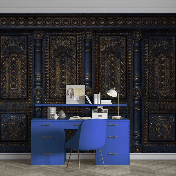 3 Boyutlu Altın Motif Lacivert Panel Duvar Kağıdı Baskı - Resim 4