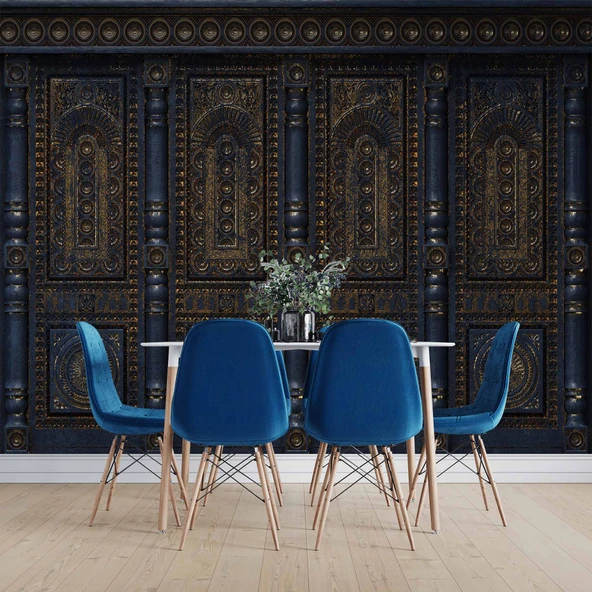 3 Boyutlu Altın Motif Lacivert Panel Duvar Kağıdı Baskı - Resim 5
