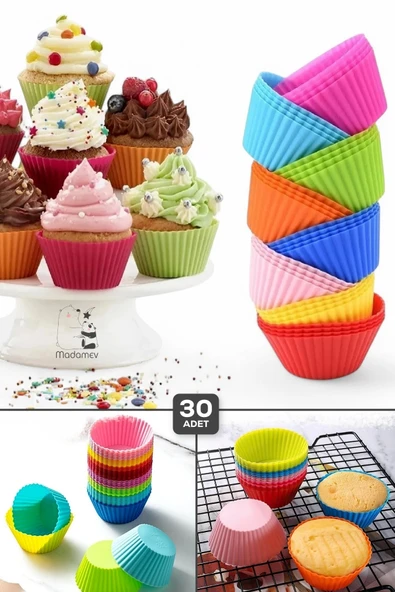 Tilbe Home 30 Adet Silikon Muffin Kek Kapsülü Yeniden Kullanılabilir Cupcake Browni Kek Kalıbı Renkli