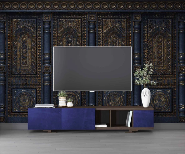 3 Boyutlu Altın Motif Lacivert Panel Duvar Kağıdı Baskı - Resim 3