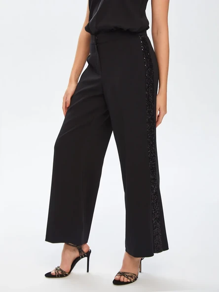 Faik Sönmez Minimalist Midi Kadın Pantolon - Pullu Detay, Geniş Paça - 6