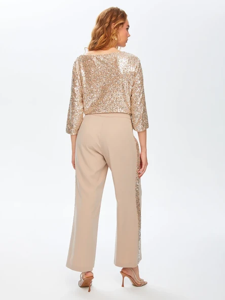 Faik Sönmez Minimalist Midi Kadın Pantolon - Pullu Detay, Geniş Paça - 12