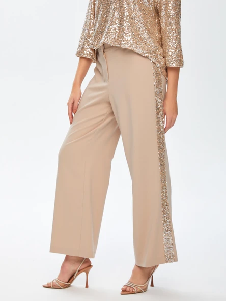 Faik Sönmez Minimalist Midi Kadın Pantolon - Pullu Detay, Geniş Paça - 10