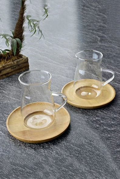 Tilbe Home 2'li Bambu Kapaklı Morning Çay Bardağı Seti Isıya Dayanıklı Termosilikat Keyfi Ala Bardak 180 ml - 2