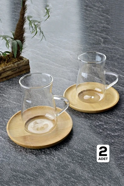 Tilbe Home 2'li Bambu Kapaklı Morning Çay Bardağı Seti Isıya Dayanıklı Termosilikat Keyfi Ala Bardak 180 ml