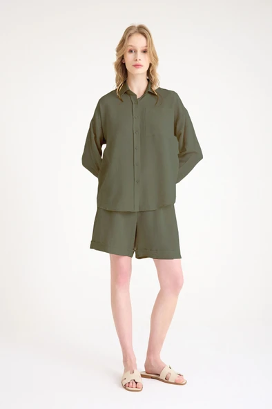 Keten Yazlık Uzun Kol Gömlek Şort Haki İkili Takım ürün görseli 1