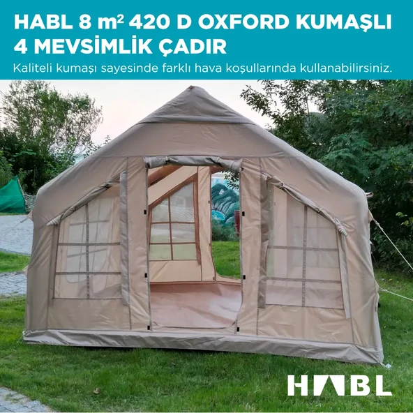 HABL 8 Kişilik 8m2 Su,Rüzgar ve Kar Geçirmez 420D Oxford Kumaşlı 4 Mevsim Şişme Çadır 320cm(U) 250cm(G) 220cm(Y)
