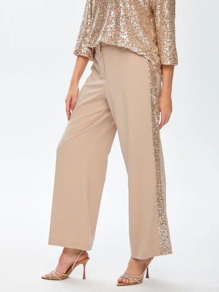 Faik Sönmez Minimalist Midi Kadın Pantolon - Pullu Detay, Geniş Paça - 2