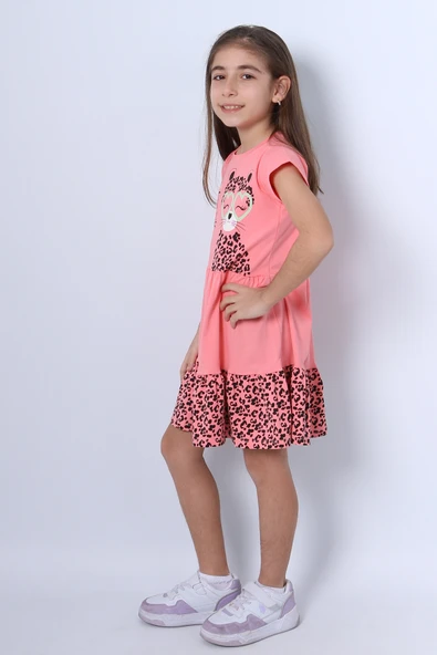 KIZ ÇOCUK ELBİSE FIRFIRLI KEDİCİK BASKILI C13 - Resim 3