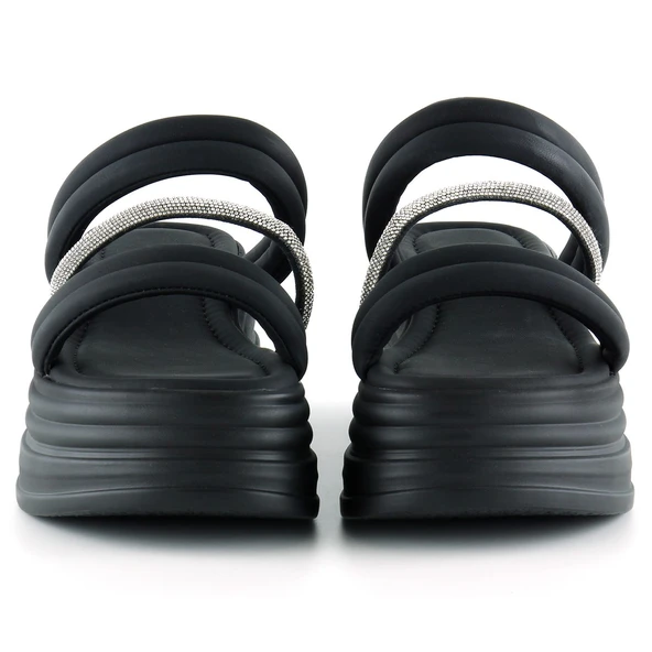 Erkan Saçmacı Siyah Dolgu Taban Gümüş Taşlı Bantlı Platform Terlik - 3