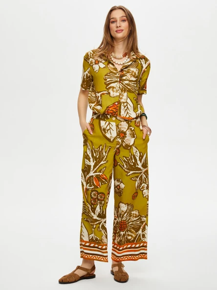 Faik Sönmez Desenli Geniş Paça Midi Kadın Pantolon - Bohemian Tarz ürün görseli 1