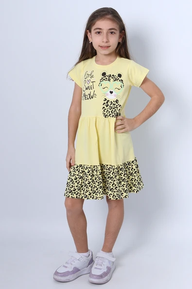KIZ ÇOCUK ELBİSE FIRFIRLI KEDİCİK BASKILI C13 - Resim 7